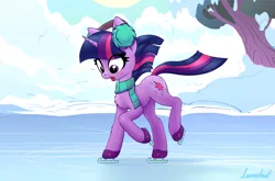 Size: 2159x1424 | Tagged: safe, artist:lunebat, derpibooru import, twilight sparkle, pony, unicorn, season 1, winter wrap up, chest fluff, clothes, cute, earmuffs, female, ice, ice skates, ice skating, image, leg fluff, mare, open mouth, png, scarf, scene interpretation, signature, solo, this will end in pain, twiabetes, unicorn twilight