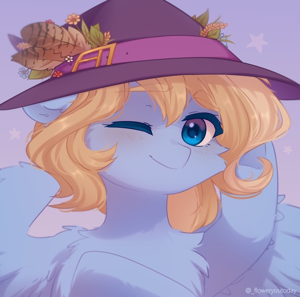 Size: 1279x1268 | Tagged: safe, artist:floweryoutoday, derpibooru import, oc, oc:lusty symphony, unofficial characters only, pegasus, pony, bust, commission, female, flower, hat, image, jpeg, leaves, mare, one eye closed, pegasus oc, smiling, wings, wink