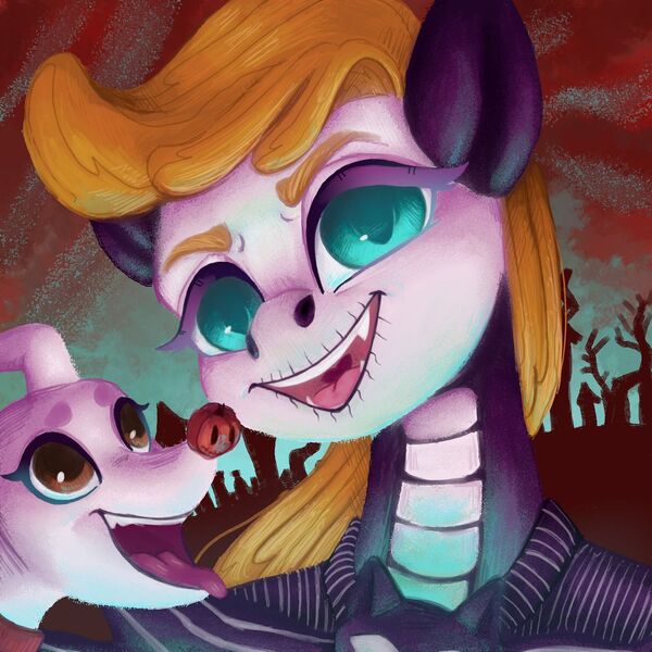 Size: 1280x1280 | Tagged: safe, artist:violettacamak, derpibooru import, applejack, winona, earth pony, pony, clothes, commission, costume, halloween, halloween costume, holiday, image, jack skellington, jpeg, looking at you, zero