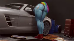 Size: 2800x1550 | Tagged: suggestive, artist:more-useless-source, derpibooru import, rainbow dash, anthro, plantigrade anthro, pony, 3d, ass, butt, car, clothes, converse, cutie mark, female, image, jpeg, legs, mare, mercedes-benz, mercedes-benz sls amg, rainbow tail, rainbutt dash, shoes, stupid sexy rainbow dash, tail, toolbox