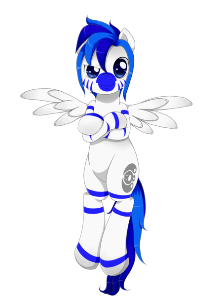 Size: 1024x1366 | Tagged: safe, artist:evomanaphy, derpibooru import, oc, oc:fifty percent, unofficial characters only, hybrid, original species, pegasus, zebra, zony, flying, image, looking at you, old cutie mark, png, simple background, smiling, smiling at you, solo, spread wings, transparent background, wings