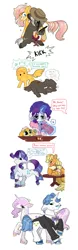 Size: 1024x3277 | Tagged: safe, artist:loryska, derpibooru import, applejack, burnt oak, fancypants, fleur-de-lis, rarity, oc, oc:ashmeade, pony, blushing, colt, farrier, female, hoof on chin, horseshoes, image, jpeg, leonine tail, lesbian, magic, magical lesbian spawn, male, mother and child, mother and son, offspring, parent:applejack, parent:rarity, parents:rarijack, rarijack, shipping, telekinesis, unshorn fetlocks