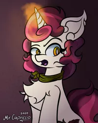 Size: 3000x3750 | Tagged: safe, artist:mrcapriccio, derpibooru import, oc, oc:dolce spiaro, unofficial characters only, pony, unicorn, abstract background, bust, chest fluff, dark, eyeshadow, female, image, magic, makeup, mare, png, portrait, simple background, solo