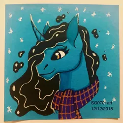 Size: 1080x1080 | Tagged: safe, artist:stargazerseven, derpibooru import, princess luna, alicorn, pony, bust, clothes, female, image, jpeg, mare, scarf, smiling, solo, traditional art