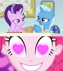 Size: 852x955 | Tagged: safe, derpibooru import, edit, edited screencap, screencap, pinkie pie, starlight glimmer, trixie, a horse shoe-in, coinky-dink world, eqg summertime shorts, equestria girls, female, heart eyes, image, lesbian, meme, pinkie's eyes, png, shipping, startrix, wingding eyes