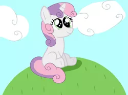 Size: 2047x1535 | Tagged: safe, artist:katliynrusshia, artist:tianalover36, derpibooru import, sweetie belle, pony, unicorn, base used, blank flank, cloud, cute, diasweetes, female, filly, grass, hill, image, missing cutie mark, png, shadow, sitting, sky, smiling, solo