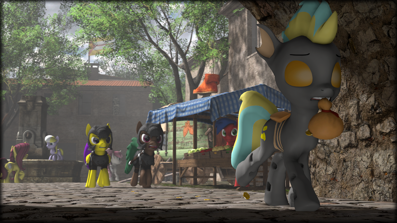 Size: 1920x1080 | Tagged: safe, artist:chacek757, derpibooru import, oc, unofficial characters only, changeling, pony, 3d, armor, bits, chase, fountain, guard, image, market, png, source filmmaker, thief