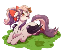 Size: 3500x3000 | Tagged: safe, artist:jack-pie, derpibooru import, oc, oc:sweet velvet, unofficial characters only, bat pony, butterfly, insect, pony, bat pony oc, bat wings, bow, commission, cute, female, grass, high res, image, mare, open mouth, png, signature, simple background, solo, spring, transparent background, wings