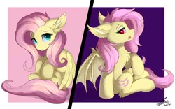 Size: 1920x1200 | Tagged: safe, artist:lunar froxy, derpibooru import, fluttershy, bat pony, pegasus, pony, bat ponified, cheek fluff, chest fluff, cute, duality, ear fluff, female, flutterbat, image, leg fluff, licking, licking lips, mare, png, profile, race swap, self ponidox, shyabetes, sitting, tongue out