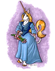 Size: 765x990 | Tagged: safe, alternate version, artist:hollyann, derpibooru import, oc, unofficial characters only, anthro, unicorn, bouquet, clothes, cloven hooves, colored, dress, flower, flower in hair, horn, image, jpeg, leonine tail, signature, simple background, solo, unicorn oc, unshorn fetlocks, white background