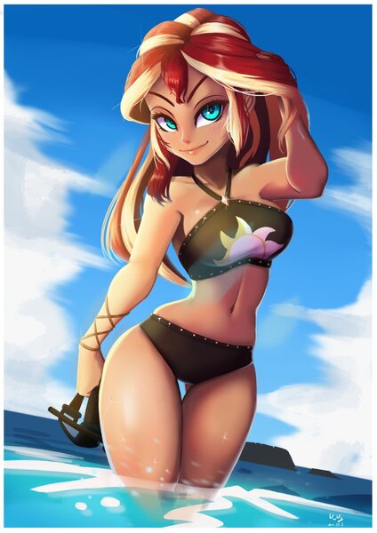 Size: 706x1000 | Tagged: safe, artist:the-park, derpibooru import, sunset shimmer, equestria girls, equestria girls series, forgotten friendship, beautiful, belly button, bikini, black swimsuit, breasts, busty sunset shimmer, clothes, cloud, curvy, cutie mark swimsuit, female, hips, hourglass figure, image, jpeg, midriff, ocean, sexy, sky, snorkel, solo, stupid sexy sunset shimmer, summer sunset, swimsuit, wide hips