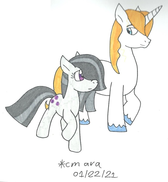 Size: 1323x1435 | Tagged: safe, artist:cmara, derpibooru import, marble pie, prince blueblood, earth pony, pony, unicorn, female, hair over one eye, image, jpeg, looking at each other, male, marbleblood, mare, raised hoof, raised leg, shipping, simple background, stallion, straight, traditional art, unshorn fetlocks, white background