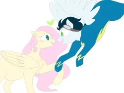 Size: 2828x2121 | Tagged: safe, artist:doodletheexpoodle, derpibooru import, fluttershy, soarin', pegasus, pony, chest fluff, clothes, female, heart, holding hooves, image, looking at each other, male, mare, png, shipping, simple background, soarinshy, stallion, straight, uniform, white background, wonderbolts uniform