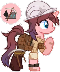 Size: 2000x2402 | Tagged: safe, artist:n0kkun, derpibooru import, oc, oc:black ore, unofficial characters only, pony, unicorn, bag, belt, boots, clothes, dirt, female, hard hat, helmet, image, jeans, mare, pants, pickaxe, png, pouch, raised hoof, saddle bag, shirt, shoes, simple background, solo, transparent background, watch, wristwatch