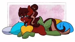 Size: 1583x891 | Tagged: safe, artist:cadetredshirt, derpibooru import, oc, oc:cadetpone, earth pony, pony, bedroom eyes, bow, clothes, commission, female, glasses, heart, heart pillow, image, jpeg, mare, missing accessory, pillow, simple background, smiling, socks, solo, tail bow, two toned mane, ych result, your character here