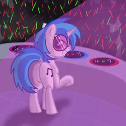 Size: 1200x1200 | Tagged: safe, artist:dafiltafish, derpibooru import, vinyl scratch, pony, unicorn, butt, dock, grin, image, looking at you, looking back, looking back at you, plot, png, rave, smiling, turntable, vinyl ass