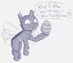 Size: 1105x960 | Tagged: suggestive, artist:heretichesh, derpibooru import, changeling, blushing, buzzing wings, changeling egg, changeling slime, dialogue, egg, image, implied egg laying, it's always sunny in philadelphia, monochrome, png, sketch, smiling, solo, text, vaginal secretions, wings