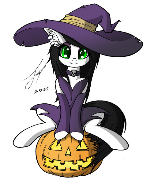 Size: 1595x1904 | Tagged: safe, artist:jacquibim, derpibooru import, oc, unofficial characters only, clothes, cute, halloween, hat, holiday, image, jack-o-lantern, jpeg, nightmare night, pumpkin, simple background, white background, witch hat