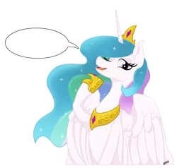 Size: 1920x1824 | Tagged: safe, artist:ghouleh, derpibooru import, princess celestia, alicorn, pony, crown, ethereal mane, exploitable, female, horn, image, jewelry, mare, one eye closed, png, pointing, princess, regalia, simple background, smiling, solo, transparent background, wings, wink, word balloon