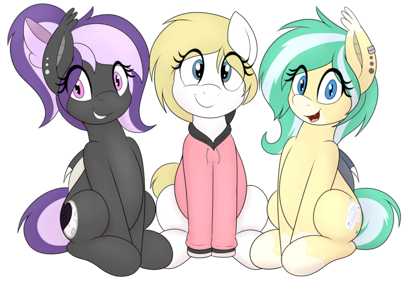 Size: 3000x2077 | Tagged: safe, artist:an-tonio, derpibooru import, oc, oc:icy breeze, oc:nightwalker, oc:whiteout, unofficial characters only, bat pony, earth pony, pony, derpibooru community collaboration, 2021 community collab, eye clipping through hair, female, grin, high res, image, looking at you, mare, png, simple background, sitting, smiling, teeth, transparent background, trio