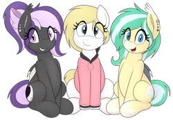 Size: 3000x2077 | Tagged: safe, artist:an-tonio, derpibooru import, oc, oc:icy breeze, oc:nightwalker, oc:whiteout, unofficial characters only, bat pony, earth pony, pony, derpibooru community collaboration, 2021 community collab, eye clipping through hair, female, grin, high res, image, looking at you, mare, png, simple background, sitting, smiling, teeth, transparent background, trio