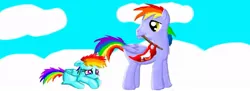 Size: 1051x384 | Tagged: safe, artist:maverickmam, derpibooru import, rainbow dash, pegasus, pony, games ponies play, cloud, duo, female, flag, image, jpeg, looking back, male, mare, mouth hold, on a cloud, stallion