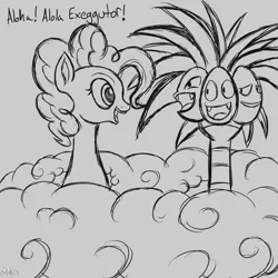 Size: 1280x1280 | Tagged: safe, artist:novaspark, derpibooru import, pinkie pie, exeggutor, 30 minute art challenge, alolan exeggutor, crossover, image, monochrome, open mouth, png, pokémon, pokémon sun and moon, sketch