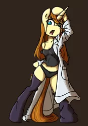 Size: 635x912 | Tagged: suggestive, artist:spheedc, derpibooru import, oc, oc:honey desire, unofficial characters only, pony, semi-anthro, unicorn, bipedal, breasts, cleavage, clothes, coat, digital art, female, image, kneesocks, lab coat, mare, panties, png, simple background, socks, solo, underwear