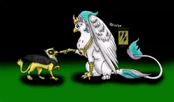 Size: 1280x751 | Tagged: safe, artist:electuroo, derpibooru import, princess celestia, oc, oc:gale, gryphon, adopted offspring, beak, boop, duo, griffonized, griffon oc, image, implied transformation, open beak, open mouth, png, raised leg, signature, smiling, species swap, surprised