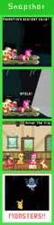 Size: 440x1820 | Tagged: safe, artist:zztfox, derpibooru import, apple bloom, applejack, big macintosh, granny smith, pinkie pie, earth pony, pikachu, pony, swoobat, pinkie apple pie, crossover, image, male, png, pokémon, pokémon snap, stallion