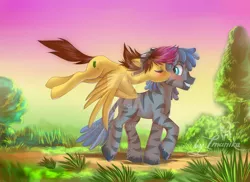 Size: 800x582 | Tagged: safe, artist:imanika, derpibooru import, oc, unofficial characters only, pegasus, pony, zebra, 2013, cutie mark, digital art, duo, eyes closed, female, floppy ears, flying, goggles, image, jpeg, kissing, looking back, male, mare, smiling, spread wings, stallion, sunset, tail, walking, wings, zebra oc