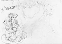 Size: 976x691 | Tagged: safe, artist:ophiliaflowers, derpibooru import, big macintosh, cheerilee, earth pony, pony, cheerimac, female, image, intertwined trees, kissing, male, monochrome, pencil drawing, png, shipping, sketch, straight, traditional art, tree