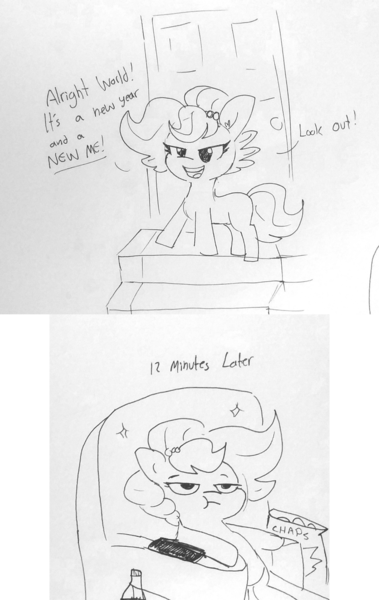 Size: 1485x2348 | Tagged: safe, artist:tjpones, derpibooru import, oc, oc:brownie bun, unofficial characters only, earth pony, pony, chair, chips, couch potato, expectation vs reality, female, food, grayscale, image, mare, monochrome, new year, pencil drawing, png, potato chips, sitting, sketch, solo, traditional art