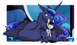 Size: 1470x858 | Tagged: safe, artist:inuhoshi-to-darkpen, derpibooru import, princess luna, oc, oc:stella, alicorn, bat pony, pony, adopted offspring, bat pony oc, bat wings, blind, colt, ear fluff, hoof fluff, image, male, maternaluna, parent:princess luna, png, simple background, transparent background, wings