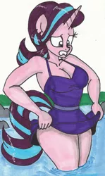Size: 1800x3029 | Tagged: suggestive, artist:newyorkx3, derpibooru import, edit, starlight glimmer, anthro, pony, unicorn, breasts, cleavage, clothes, cropped, dress, dress lift, female, image, legs together, mare, miniskirt, png, possible one skirt, skirt, solo, solo female, thighs, traditional art, water, wet