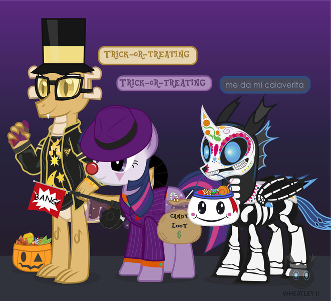 Size: 1385x1257 | Tagged: safe, artist:wheatley r.h., derpibooru import, oc, oc:myoozik the dragon, oc:twi clown, oc:w. rhinestone eyes, unofficial characters only, changeling, dragon, unicorn, blue changeling, calavera, calaverita, candy, changeling oc, clothes, clown makeup, clown nose, costume, derpibooru exclusive, dia de los muertos, dragon oc, face paint, food, gem, gradient background, gun, halloween, happy, hat, holiday, horn, image, jpeg, magic, mouth hold, rapper, simple background, skeleton costume, spanish, speech bubble, telekinesis, tommy gun, top hat, trick or treat, unicorn oc, vector, watermark, weapon