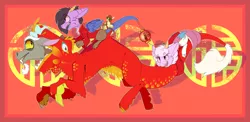 Size: 2450x1200 | Tagged: safe, artist:conmanwolf, derpibooru import, arizona cow, discord, oc, oc:scraps, oc:stitches, cow, draconequus, them's fightin' herds, chinese new year, community related, image, plushie, png