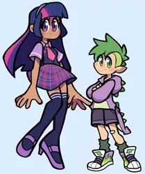 Size: 1714x2048 | Tagged: safe, artist:agent_dinky, derpibooru import, spike, twilight sparkle, human, bandaid, blue background, clothes, converse, cutie mark, cutie mark on clothes, duo, female, high heels, hoodie, humanized, human spike, image, jpeg, looking at you, male, shoes, simple background, skirt, sneakers, socks, thigh highs, zettai ryouiki