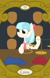 Size: 900x1400 | Tagged: safe, artist:sixes&sevens, derpibooru import, coco pommel, hat, image, png, scales, sewing, six of coins, six of diamonds, tarot card