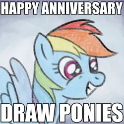 Size: 800x800 | Tagged: safe, artist:m.w., derpibooru import, rainbow dash, pegasus, pony, caption, colored sketch, happy birthday mlp:fim, image, image macro, mlp fim's tenth anniversary, png, scene interpretation, smiling, solo, text