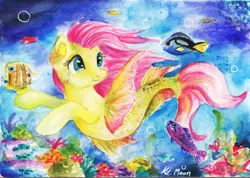 Size: 1188x844 | Tagged: safe, artist:lailyren, derpibooru import, fluttershy, pegasus, pony, seapony (g4), coral, cute, female, fin wings, fish tail, flowing mane, flowing tail, green eyes, image, jpeg, ocean, seaponified, seapony fluttershy, seaweed, shyabetes, signature, smiling, solo, species swap, swimming, tail, traditional art, underwater, water, watercolor painting, wings