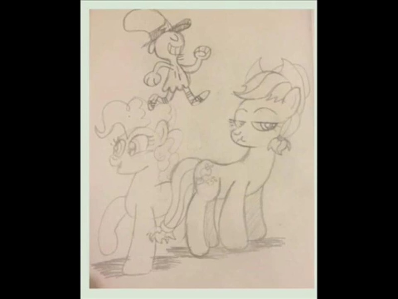 Size: 960x720 | Tagged: artist needed, source needed, safe, derpibooru import, applejack, pinkie pie, crossover, image, jpeg, monochrome, traditional art, trio, wander over yonder, wander (wander over yonder)