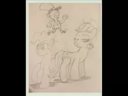 Size: 960x720 | Tagged: artist needed, source needed, safe, derpibooru import, applejack, pinkie pie, crossover, image, jpeg, monochrome, traditional art, trio, wander over yonder, wander (wander over yonder)