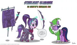 Size: 2196x1287 | Tagged: safe, artist:perfectblue97, derpibooru import, starlight glimmer, twilight sparkle, twilight sparkle (alicorn), alicorn, dark elf, elf, pony, unicorn, arson murder and jaywalking, banner, bow (weapon), christmas, duo, elf costume, facehoof, fantasy, fantasy class, female, glowing horn, hearth's warming eve, holiday, horn, image, magic, mare, misspelling, png, speech bubble, sword, telekinesis, warhammer (game), warhammer fantasy, weapon