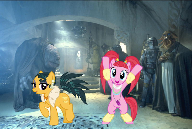 Size: 2960x1988 | Tagged: safe, artist:cheezedoodle96, derpibooru import, edit, edited screencap, screencap, vector edit, cleopatra jazz, pacific glow, earth pony, pony, dungeons and discords, the saddle row review, .svg available, bipedal, boba fett, cute, dancing, ear piercing, earring, eyeshadow, feather boa, female, fur scarf, glowbetes, han solo, image, jabba's palace, jewelry, leg warmers, lidded eyes, looking at you, makeup, mare, necklace, pacifier, piercing, pigtails, png, quarren, raised hoof, real life background, return of the jedi, smiling, star wars, tail wrap, vector