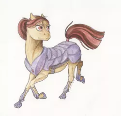 Size: 2095x2013 | Tagged: safe, artist:lady-limule, derpibooru import, oc, oc:cupcake, unofficial characters only, earth pony, pony, pandoraverse, armor, earth pony oc, female, hoof shoes, image, jpeg, looking back, mare, offspring, parent:cheese sandwich, parent:pinkie pie, parents:cheesepie, solo, traditional art