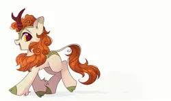 Size: 2345x1384 | Tagged: safe, artist:mirtash, derpibooru import, autumn blaze, kirin, awwtumn blaze, cloven hooves, cute, ear fluff, female, image, jpeg, looking at you, open mouth, profile, simple background, smiling, solo, unshorn fetlocks, walking, white background