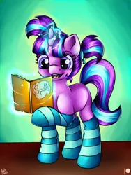 Size: 1582x2102 | Tagged: safe, artist:appleneedle, derpibooru import, starlight glimmer, pony, unicorn, alternate hairstyle, clothes, cook, cute, female, filly, filly starlight glimmer, glimmerbetes, glowing horn, hoof hold, horn, image, jpeg, levitation, magic, open mouth, patreon, patreon reward, pigtails, raised hoof, reading, socks, solo, striped socks, telekinesis, younger