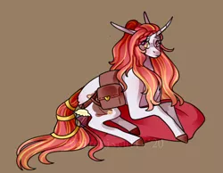 Size: 1620x1260 | Tagged: safe, artist:birdbiscuits, derpibooru import, oc, oc:teddy heart, unofficial characters only, unicorn, bag, female, freckles, image, jar, orange eyes, png, ponytail, red hair, red mane, red tail, saddle bag, solo, teddy bear, yellow hair, yellow tail