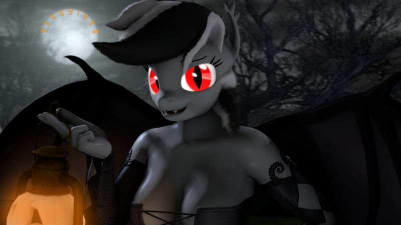 Size: 3840x2160 | Tagged: suggestive, artist:dawnyr, artist:dawnyrs, derpibooru import, oc, oc:stormdancer, anthro, bat pony, 3d, big breasts, breasts, halloween, holiday, image, night, png, sexy, solo, source filmmaker